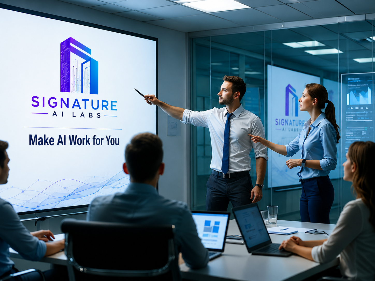 Signature AI Labs industry sectors visual showing AI support across government, legal, healthcare, finance, education, and small business